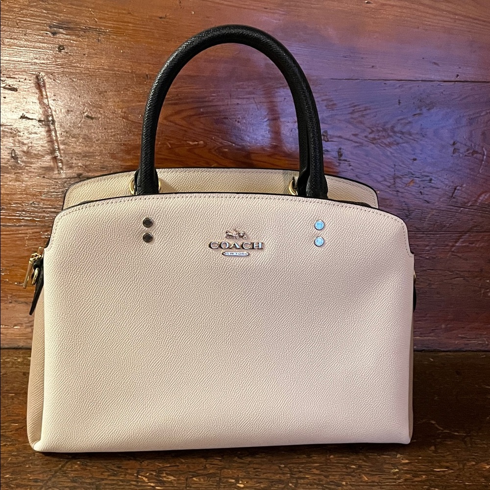 Coach Lillie Color Block Carryall Satchel in Chalk & Tan Leather with black Trim